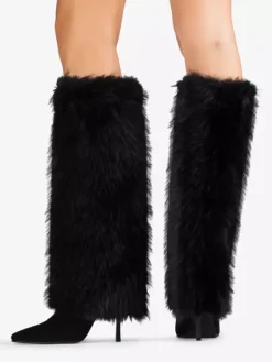 Bottes hautes bordeaux pour femmes bout pointu talons hauts en fausse fourrure.