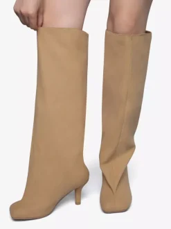 Bottes hautes en daim pour femmes bottes à talons hauts à bout carré et à mollet large