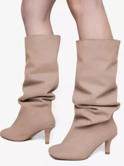 Bottes hautes en daim pour femmes bottes à talons hauts à bout carré et à mollet large