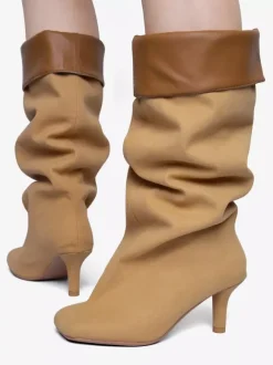 Bottes hautes en daim pour femmes bottes à talons hauts à bout carré et à mollet large