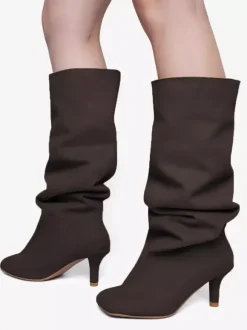 Bottes hautes en daim pour femmes bottes à talons hauts à bout carré et à mollet large