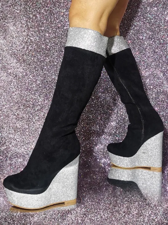 Bottes hautes en micro suède à talon compensé pour femmes