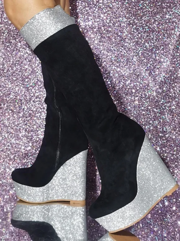 Bottes hautes en micro suède à talon compensé pour femmes