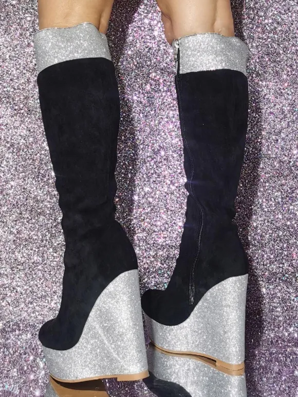 Bottes hautes en micro suède à talon compensé pour femmes