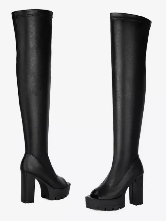 Bottes hautes noires à bout ouvert et plateforme à talon épais