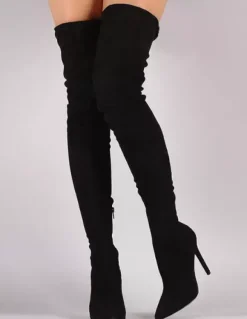 Bottes hautes noires à bout pointu en daim au-dessus du genou Bottes élastiques