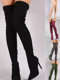 Bottes hautes noires à bout pointu en daim au-dessus du genou Bottes élastiques