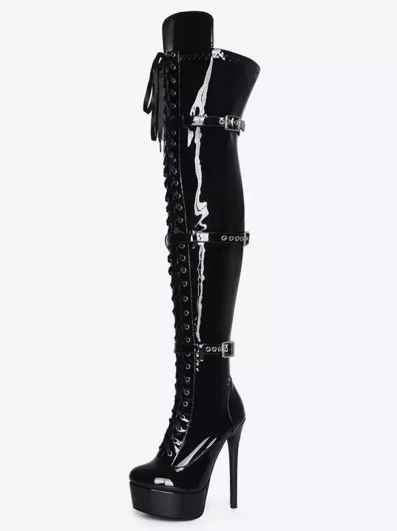 Bottes hautes noires sexy pour femmes bottes à lacets au-dessus du genou avec boucle et plateforme