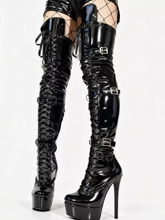 Bottes hautes noires sexy pour femmes bottes à lacets au-dessus du genou avec boucle et plateforme