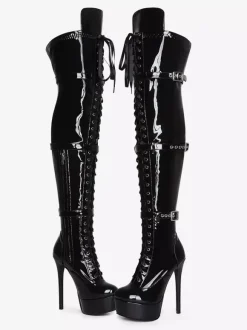 Bottes hautes noires sexy pour femmes bottes à lacets au-dessus du genou avec boucle et plateforme