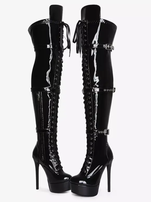 Bottes hautes noires sexy pour femmes bottes à lacets au-dessus du genou avec boucle et plateforme