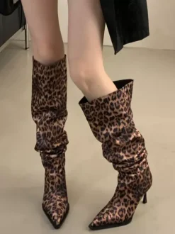 Bottes hautes pour femmes à motif léopard bout pointu talon haut bottes souples