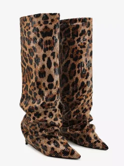 Bottes hautes pour femmes bottes à bout pointu et à paillettes léopard bottes repliables