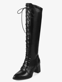 Bottes hautes pour femmes de couleur unie à lacets  bottes à talons épais et bout pointu