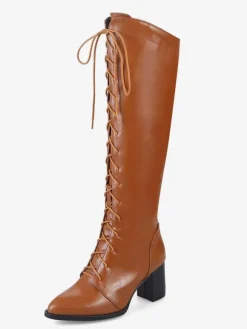 Bottes hautes pour femmes de couleur unie à lacets  bottes à talons épais et bout pointu