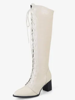 Bottes hautes pour femmes de couleur unie à lacets  bottes à talons épais et bout pointu