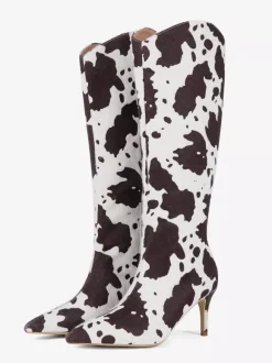 Bottes hautes pour femmes en crin de cheval bout pointu à motifs à talons hauts