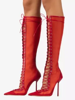 Bottes hautes pour femmes en maille bout pointu lacets talons hauts