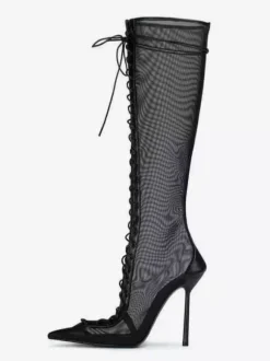 Bottes hautes pour femmes en maille bout pointu lacets talons hauts