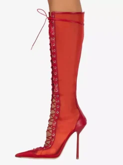 Bottes hautes pour femmes en maille bout pointu lacets talons hauts