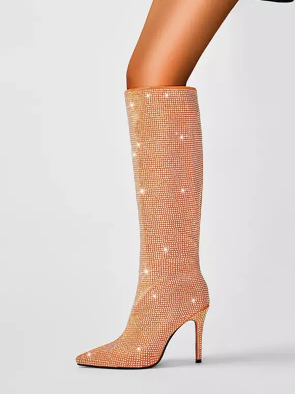 Bottes hautes pour femmes avec strass et talons hauts pour fêtes
