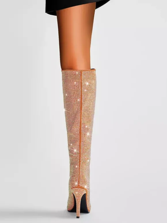 Bottes hautes pour femmes avec strass et talons hauts pour fêtes