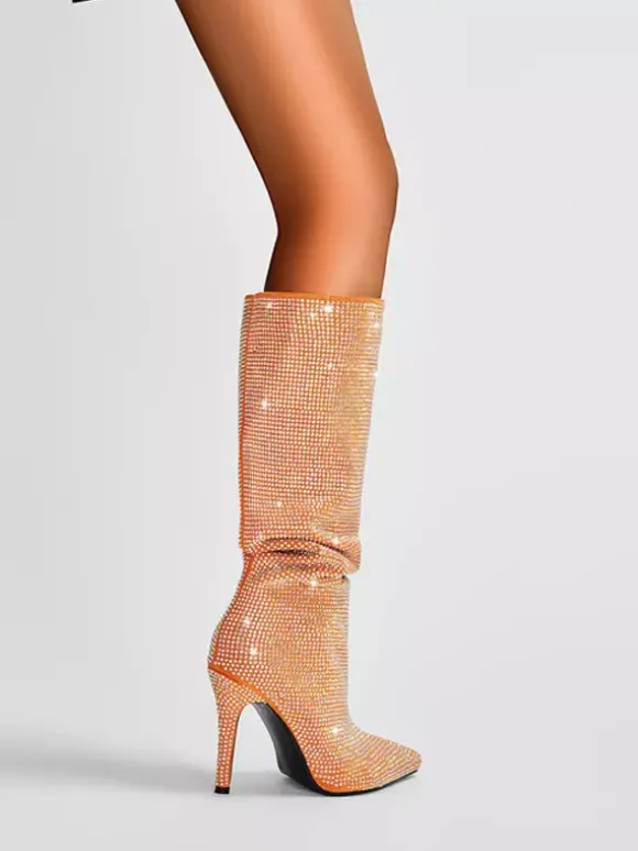 Bottes hautes pour femmes avec strass et talons hauts pour fêtes