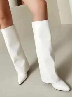 Bottes hautes roses à revers pour femmes bottes à talon épais et bout pointu