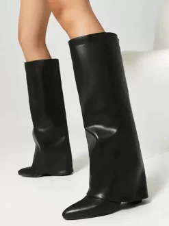 Bottes hautes roses à revers pour femmes bottes à talon épais et bout pointu