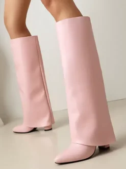 Bottes hautes roses à revers pour femmes bottes à talon épais et bout pointu