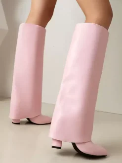 Bottes hautes roses à revers pour femmes bottes à talon épais et bout pointu