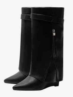 Bottes hautes rouges pour femmes bottes à bout pointu à fermeture éclair repliable à talon compensé