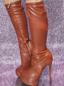 Bottes hauteur genou à talons aiguilles et plateforme marron