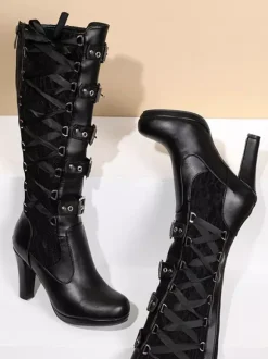 Bottes hauteur genou en cuir PU à talons épais pour femmes