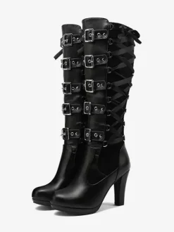 Bottes hauteur genou en cuir PU à talons épais pour femmes