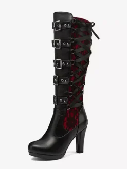 Bottes hauteur genou en cuir PU à talons épais pour femmes