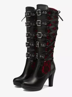 Bottes hauteur genou en cuir PU à talons épais pour femmes