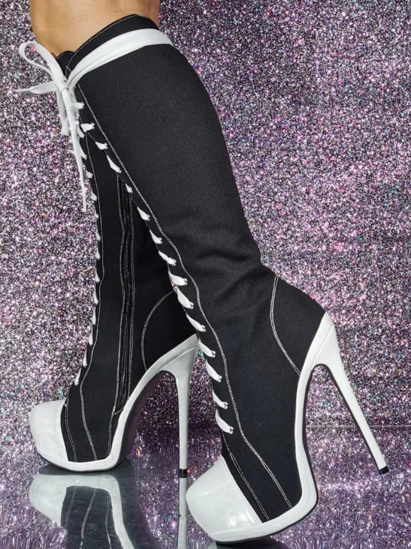 Bottes hauteur genou en toile à talon aiguille chaussures femmes