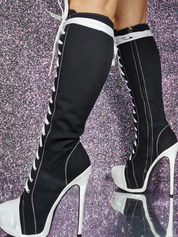 Bottes hauteur genou en toile à talon aiguille chaussures femmes