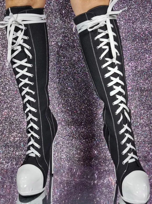 Bottes hauteur genou en toile à talon aiguille chaussures femmes