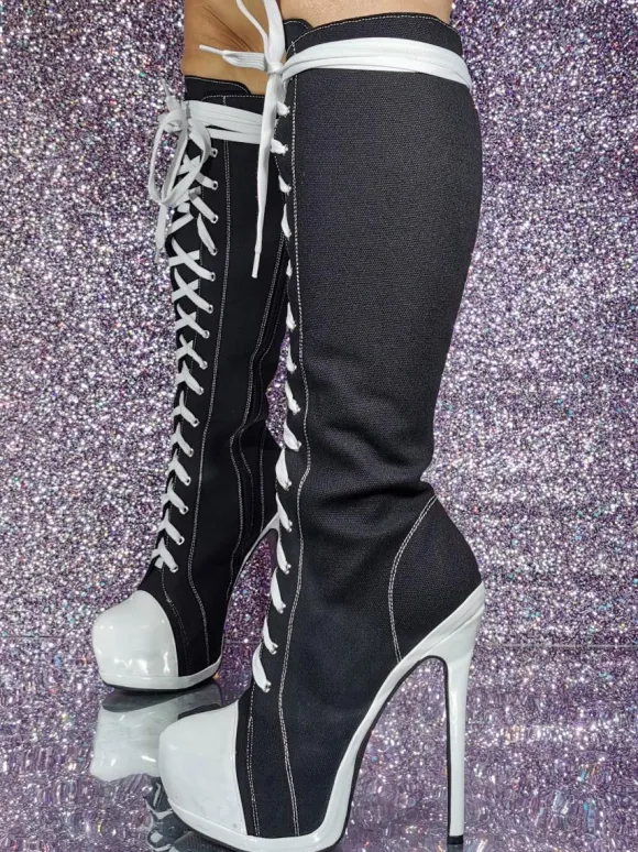Bottes hauteur genou en toile à talon aiguille chaussures femmes