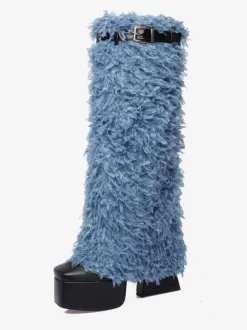Bottes hauteur genou noires avec boucle à plateforme et détails en fausse fourrure