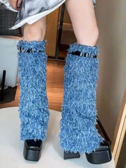 Bottes hauteur genou noires avec boucle à plateforme et détails en fausse fourrure