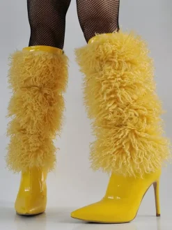 Bottes jaunes hautes en fausse fourrure à bout pointu et talons hauts