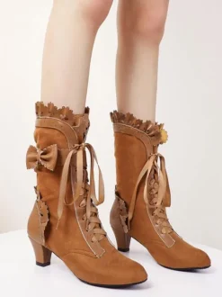 Bottes Lolita Bows Talon chaton Bout rond Lacets Chaussures Lolita
