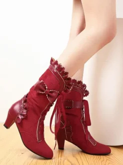 Bottes Lolita Bows Talon chaton Bout rond Lacets Chaussures Lolita