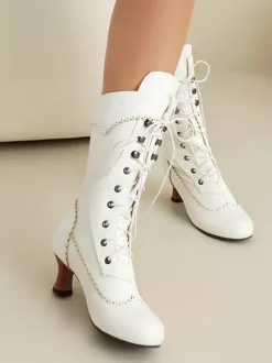 Bottes Lolita classiques style vintage bout rond en cuir PU chaussures Lolita noires