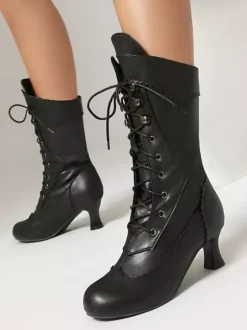 Bottes Lolita classiques style vintage bout rond en cuir PU chaussures Lolita noires