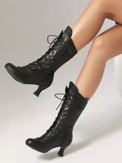 Bottes Lolita classiques style vintage bout rond en cuir PU chaussures Lolita noires