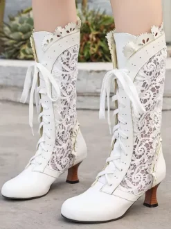 Bottes Lolita classiques en dentelle bout rond en cuir PU chaussures Lolita noires